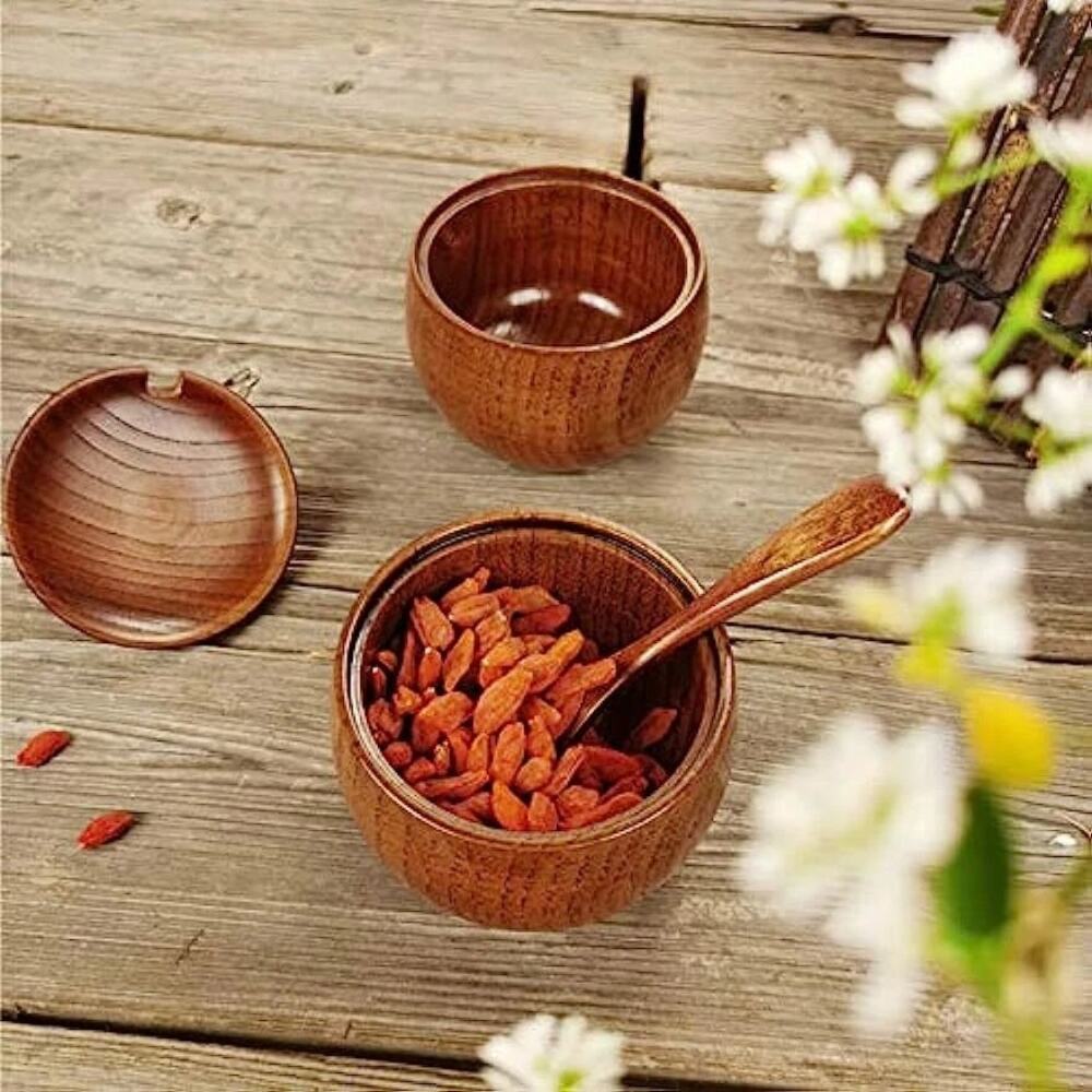 Handcrafted Jujube Wooden Spice Or Sugar Bowl Set of 2 Lidded Condiment Pots